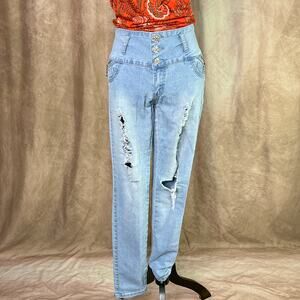 Y2K Indie Boho Jeans Light Wash Ripped High Rise Floral Rhinestone Skinny 2000s